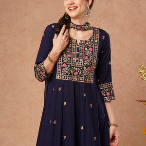 Solid Floral Embroidered Anarkali Kurta with Pant & Dupatta - Blue