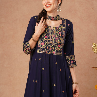 Solid Floral Embroidered Anarkali Kurta with Pant & Dupatta - Blue