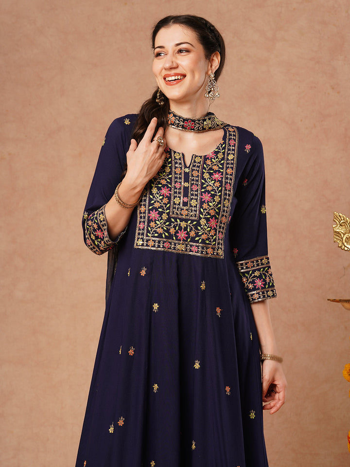 Solid Floral Embroidered Anarkali Kurta with Pant & Dupatta - Blue