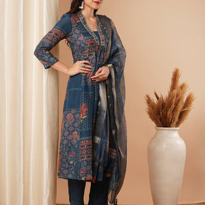 Ethnic Floral Printed & Embroidered A-Line Paneled Kurta with Pant and Dupatta - Blue