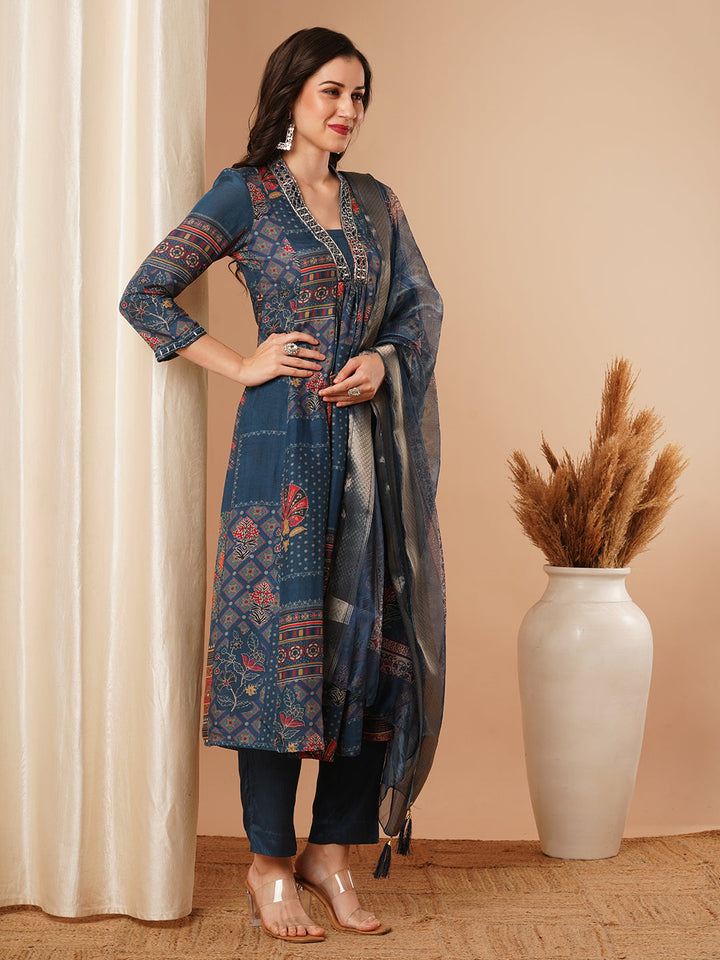 Ethnic Floral Printed & Embroidered A-Line Paneled Kurta with Pant and Dupatta - Blue