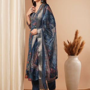 Ethnic Floral Printed & Embroidered A-Line Paneled Kurta with Pant and Dupatta - Blue