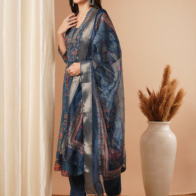 Ethnic Floral Printed & Embroidered A-Line Paneled Kurta with Pant and Dupatta - Blue