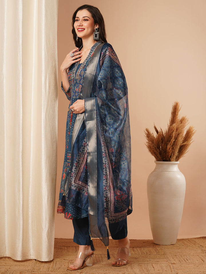 Ethnic Floral Printed & Embroidered A-Line Paneled Kurta with Pant and Dupatta - Blue