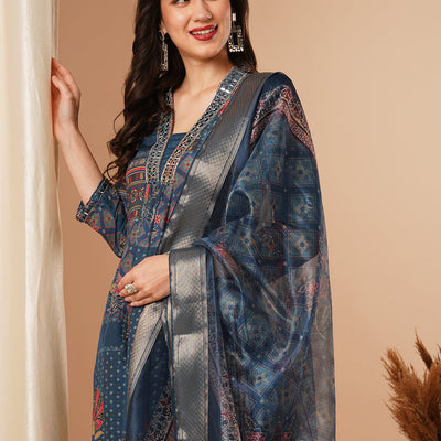 Ethnic Floral Printed & Embroidered A-Line Paneled Kurta with Pant and Dupatta - Blue