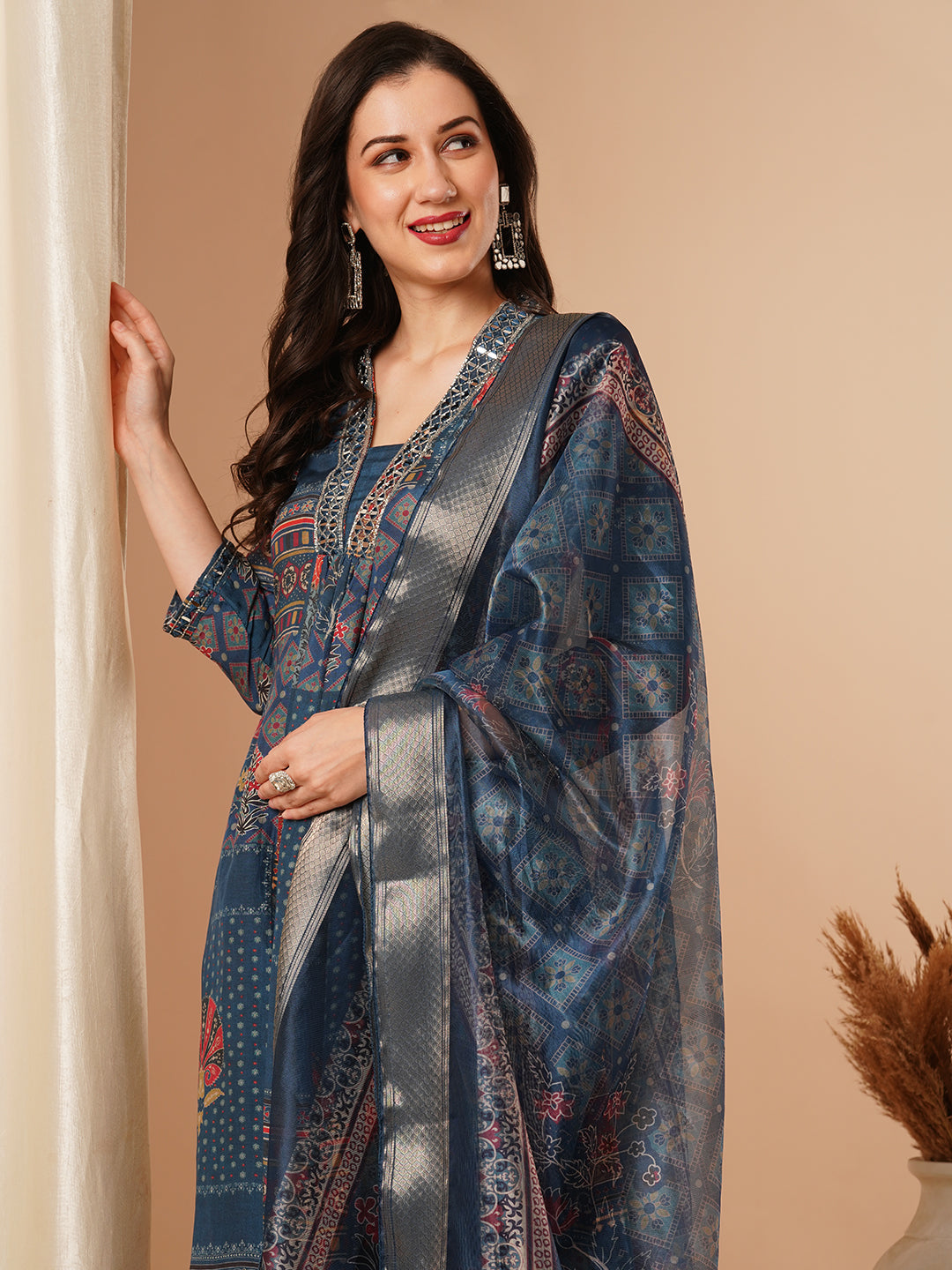 Ethnic Floral Printed & Embroidered A-Line Paneled Kurta with Pant and Dupatta - Blue