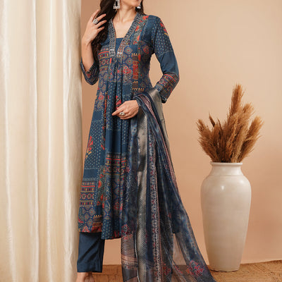 Ethnic Floral Printed & Embroidered A-Line Paneled Kurta with Pant and Dupatta - Blue