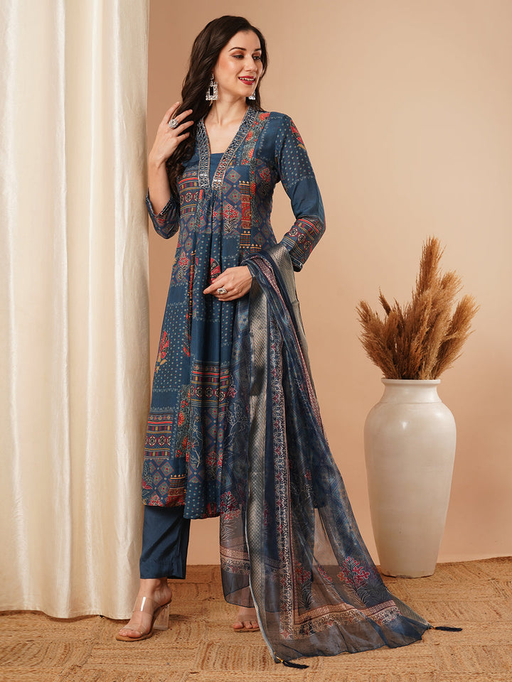 Ethnic Floral Printed & Embroidered A-Line Paneled Kurta with Pant and Dupatta - Blue