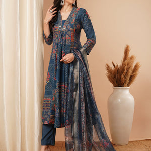 Ethnic Floral Printed & Embroidered A-Line Paneled Kurta with Pant and Dupatta - Blue