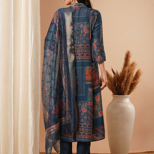 Ethnic Floral Printed & Embroidered A-Line Paneled Kurta with Pant and Dupatta - Blue