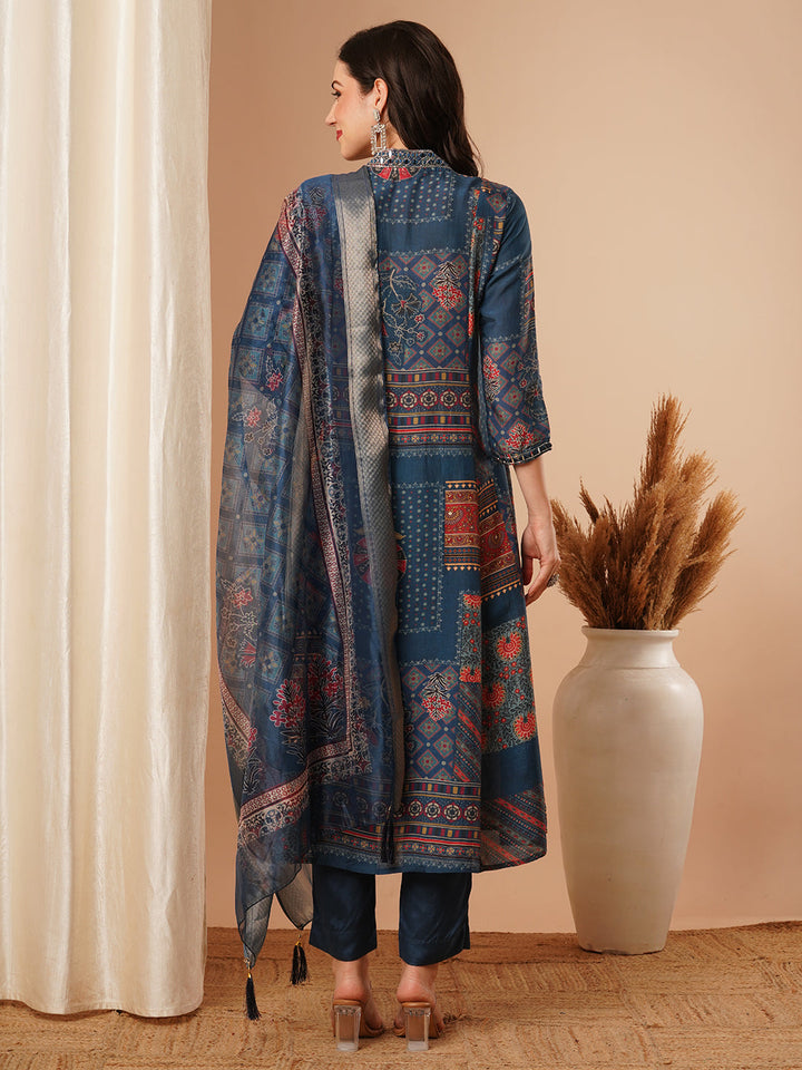 Ethnic Floral Printed & Embroidered A-Line Paneled Kurta with Pant and Dupatta - Blue