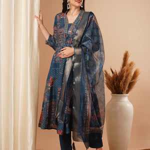 Ethnic Floral Printed & Embroidered A-Line Paneled Kurta with Pant and Dupatta - Blue