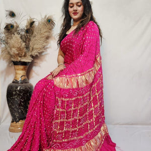 Modal Silk Barik Bandhej work Lagdi Patta Border Chex Bandhani Saree