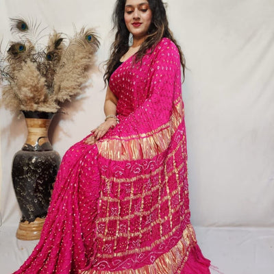 Modal Silk Barik Bandhej work Lagdi Patta Border Chex Bandhani Saree