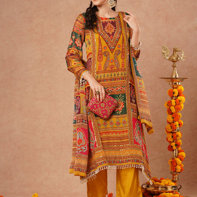 Ethnic Floral Printed & Embroidered A-Line Kurta with Palazzo & Dupatta - Mustard