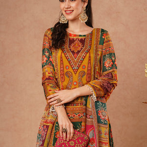 Ethnic Floral Printed & Embroidered A-Line Kurta with Palazzo & Dupatta - Mustard