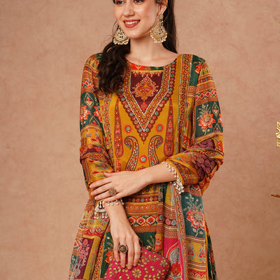 Ethnic Floral Printed & Embroidered A-Line Kurta with Palazzo & Dupatta - Mustard