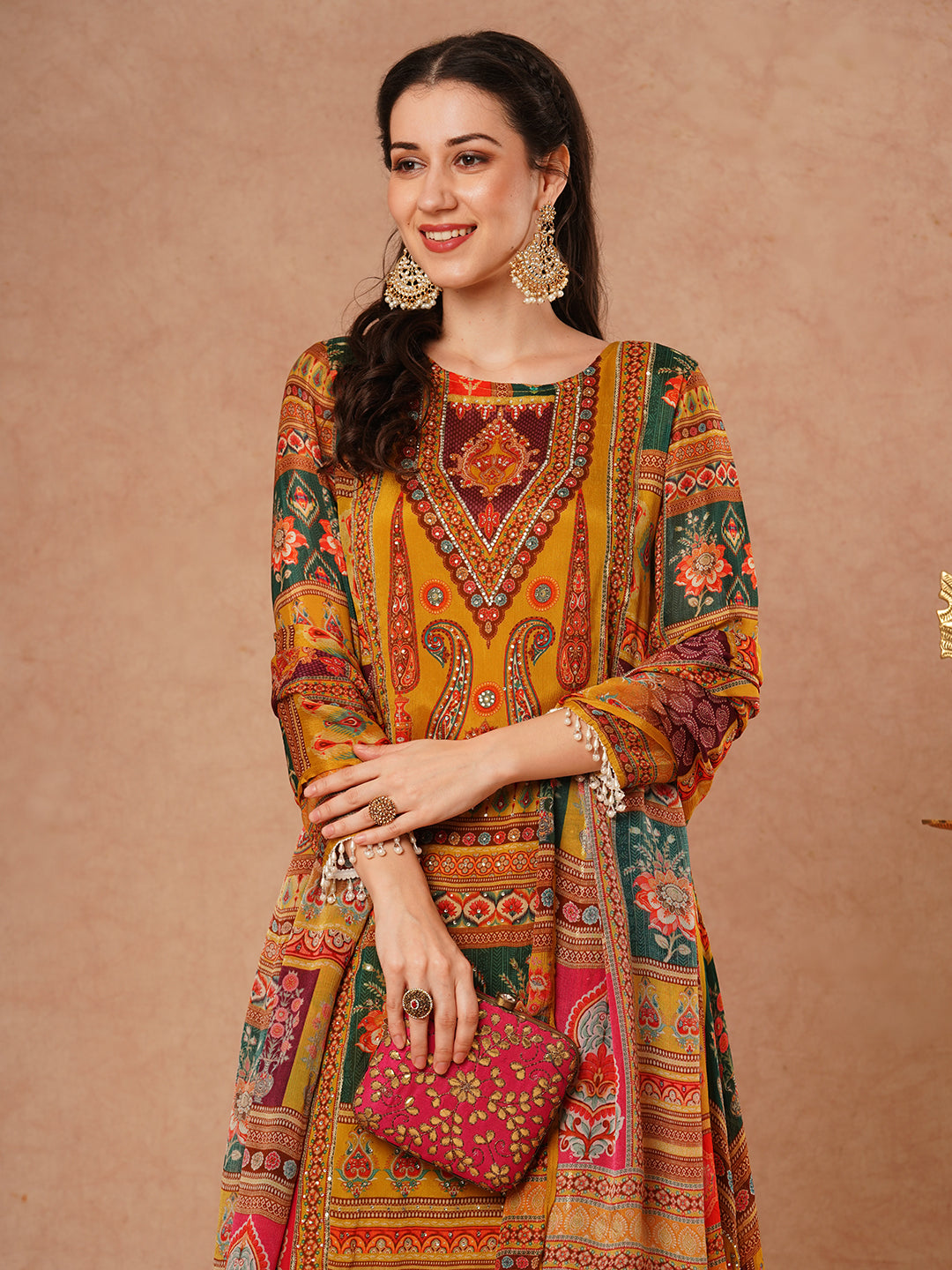 Ethnic Floral Printed & Embroidered A-Line Kurta with Palazzo & Dupatta - Mustard