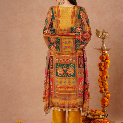 Ethnic Floral Printed & Embroidered A-Line Kurta with Palazzo & Dupatta - Mustard