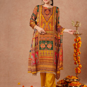 Ethnic Floral Printed & Embroidered A-Line Kurta with Palazzo & Dupatta - Mustard