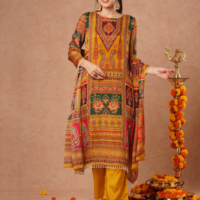 Ethnic Floral Printed & Embroidered A-Line Kurta with Palazzo & Dupatta - Mustard