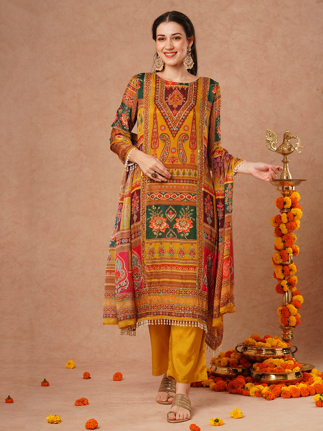 Ethnic Floral Printed & Embroidered A-Line Kurta with Palazzo & Dupatta - Mustard