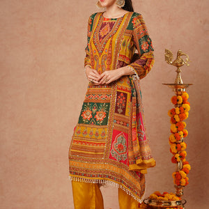 Ethnic Floral Printed & Embroidered A-Line Kurta with Palazzo & Dupatta - Mustard