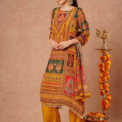 Ethnic Floral Printed & Embroidered A-Line Kurta with Palazzo & Dupatta - Mustard