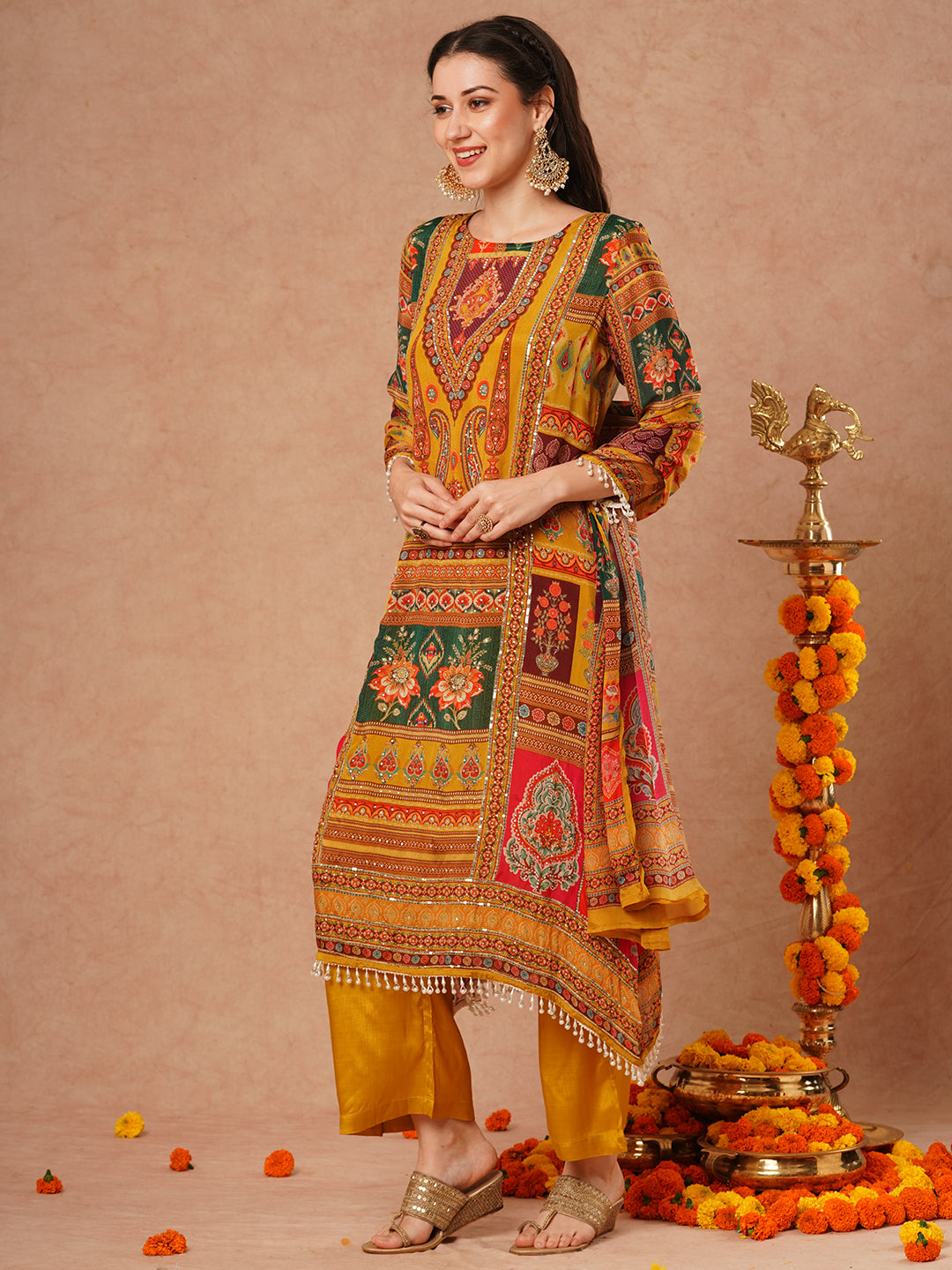 Ethnic Floral Printed & Embroidered A-Line Kurta with Palazzo & Dupatta - Mustard