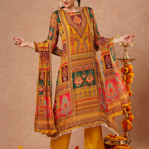 Ethnic Floral Printed & Embroidered A-Line Kurta with Palazzo & Dupatta - Mustard