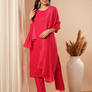 Solid Mirror Embroidered Straight Fit Kurta with Pant & Dupatta - Pink