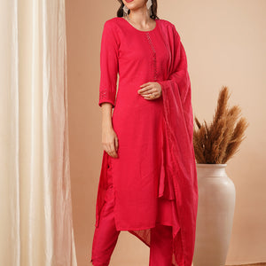 Solid Mirror Embroidered Straight Fit Kurta with Pant & Dupatta - Pink