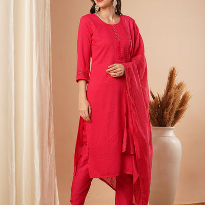 Solid Mirror Embroidered Straight Fit Kurta with Pant & Dupatta - Pink