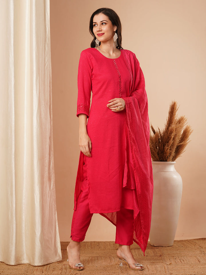 Solid Mirror Embroidered Straight Fit Kurta with Pant & Dupatta - Pink