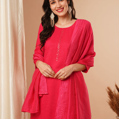 Solid Mirror Embroidered Straight Fit Kurta with Pant & Dupatta - Pink