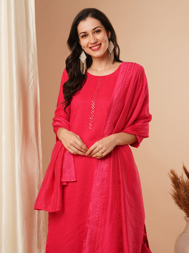 Solid Mirror Embroidered Straight Fit Kurta with Pant & Dupatta - Pink