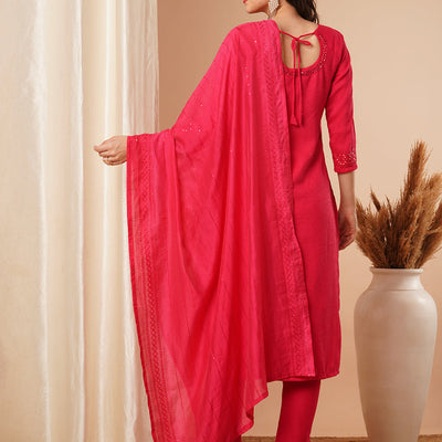 Solid Mirror Embroidered Straight Fit Kurta with Pant & Dupatta - Pink
