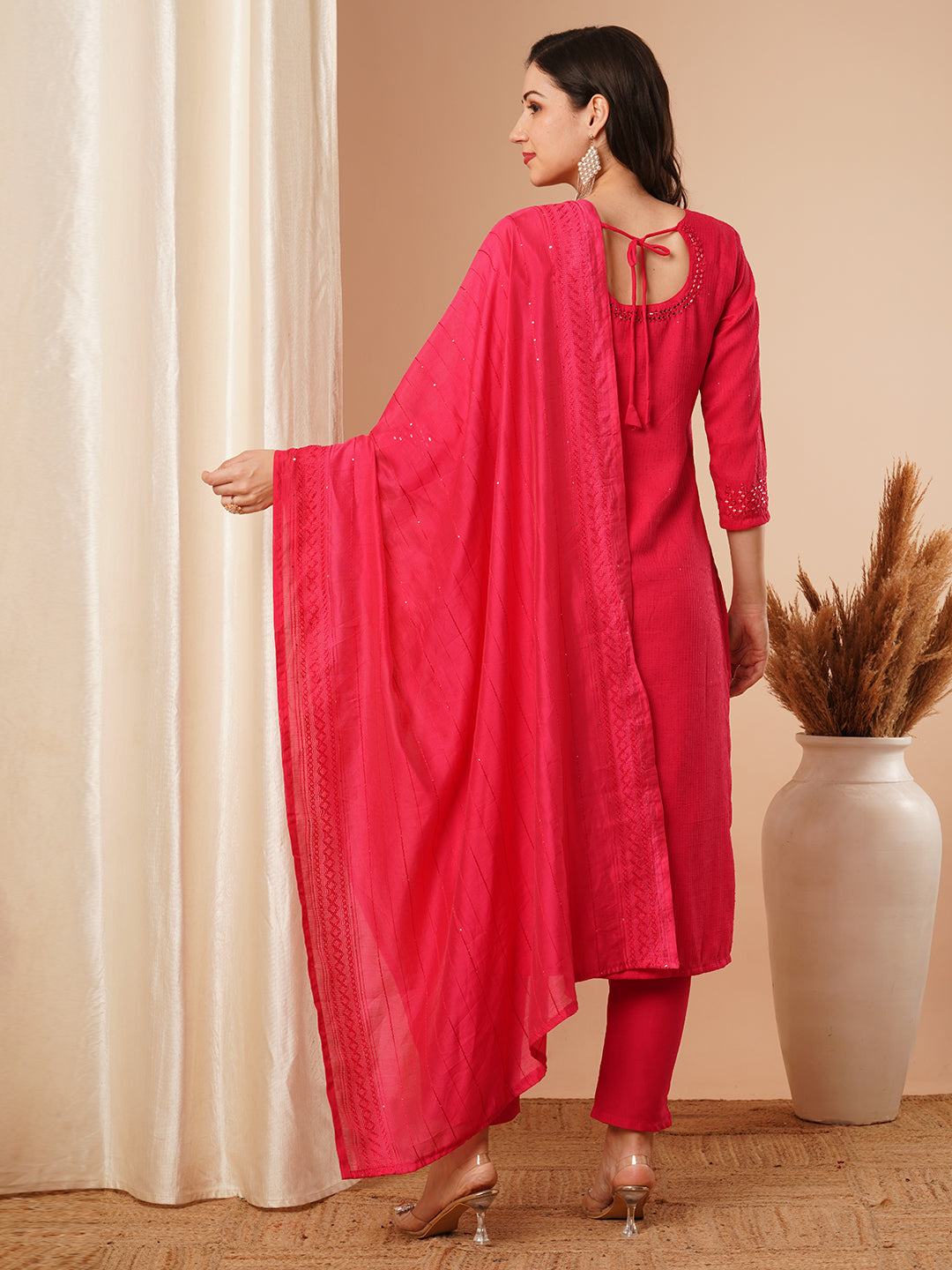 Solid Mirror Embroidered Straight Fit Kurta with Pant & Dupatta - Pink