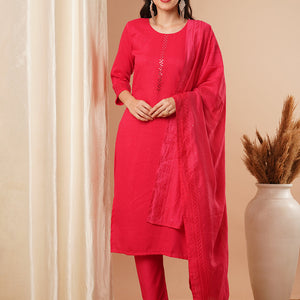 Solid Mirror Embroidered Straight Fit Kurta with Pant & Dupatta - Pink
