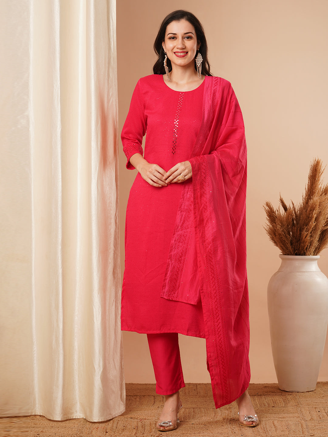 Solid Mirror Embroidered Straight Fit Kurta with Pant & Dupatta - Pink