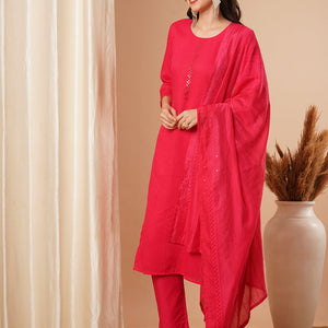 Solid Mirror Embroidered Straight Fit Kurta with Pant & Dupatta - Pink