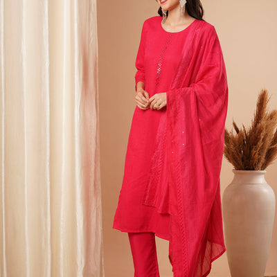 Solid Mirror Embroidered Straight Fit Kurta with Pant & Dupatta - Pink