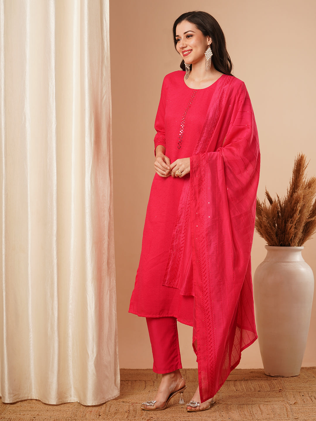 Solid Mirror Embroidered Straight Fit Kurta with Pant & Dupatta - Pink