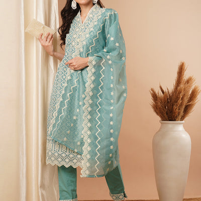 Solid Floral Chikankari Embroidered Straight Kurta with Pant & Dupatta - Turquoise Blue