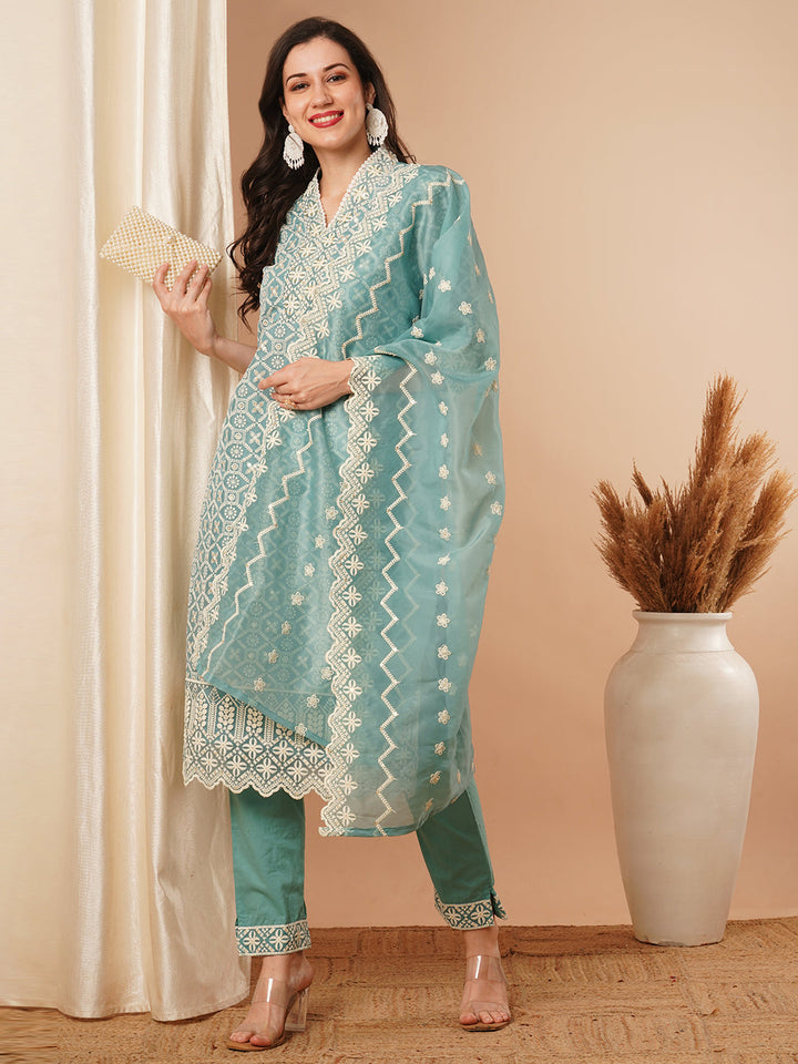 Solid Floral Chikankari Embroidered Straight Kurta with Pant & Dupatta - Turquoise Blue