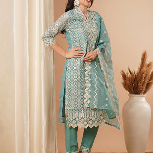 Solid Floral Chikankari Embroidered Straight Kurta with Pant & Dupatta - Turquoise Blue
