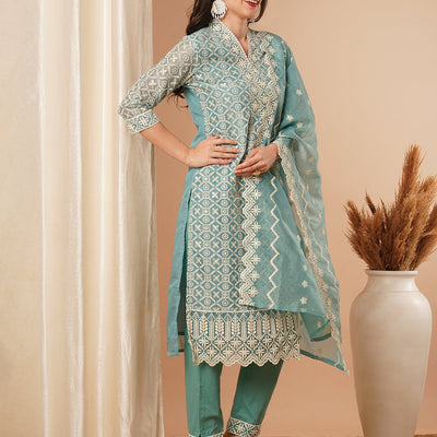 Solid Floral Chikankari Embroidered Straight Kurta with Pant & Dupatta - Turquoise Blue
