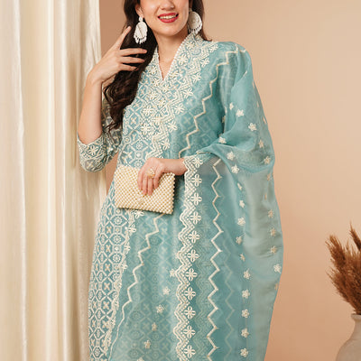 Solid Floral Chikankari Embroidered Straight Kurta with Pant & Dupatta - Turquoise Blue