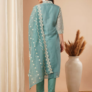 Solid Floral Chikankari Embroidered Straight Kurta with Pant & Dupatta - Turquoise Blue