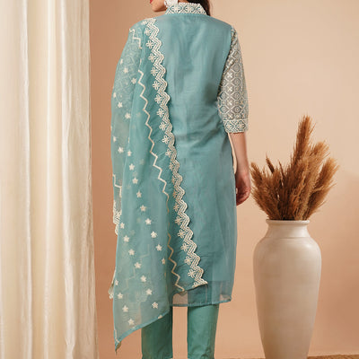 Solid Floral Chikankari Embroidered Straight Kurta with Pant & Dupatta - Turquoise Blue